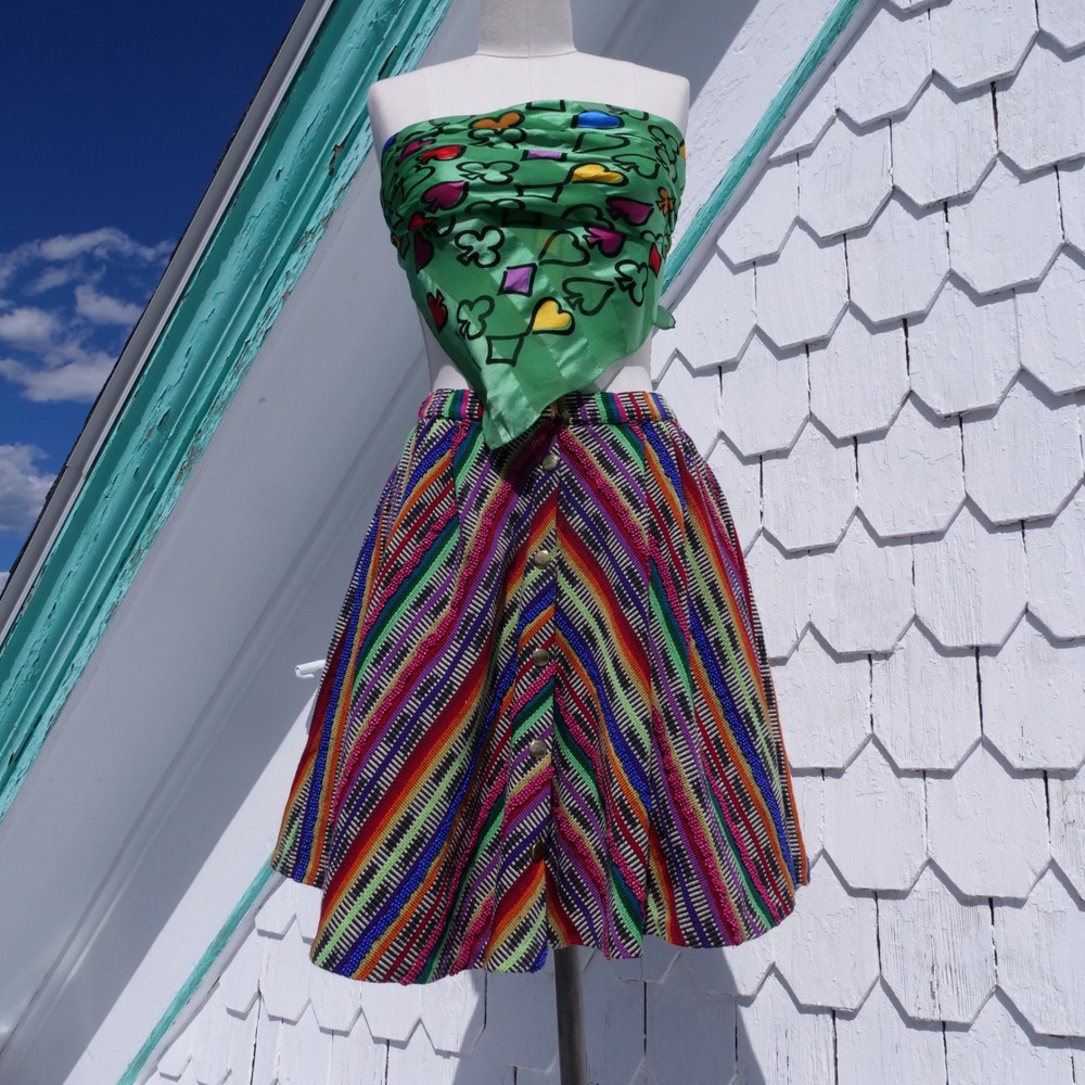 Manoush Paris rainbow striped woven cotton skirt with beaded embelleishments